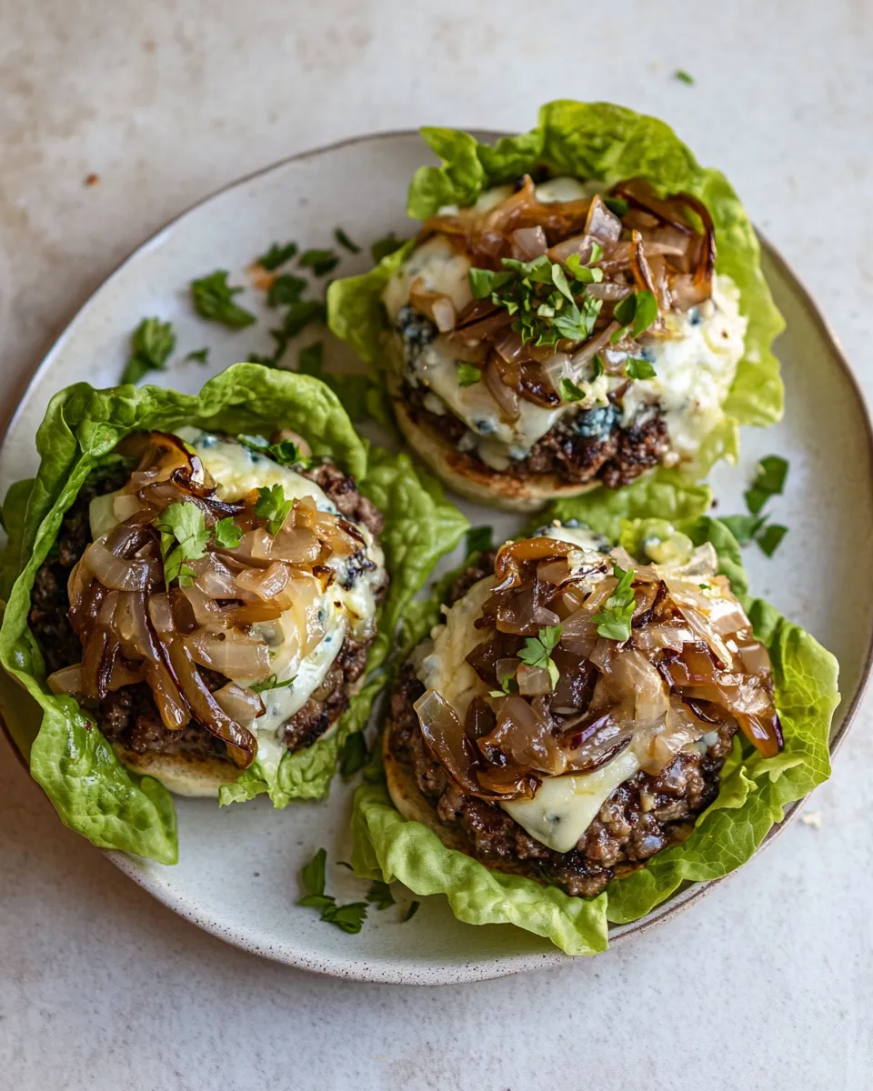 Delicious Lettuce Wrap Blue CheeseBurgers with Caramelized Onions. recipe image