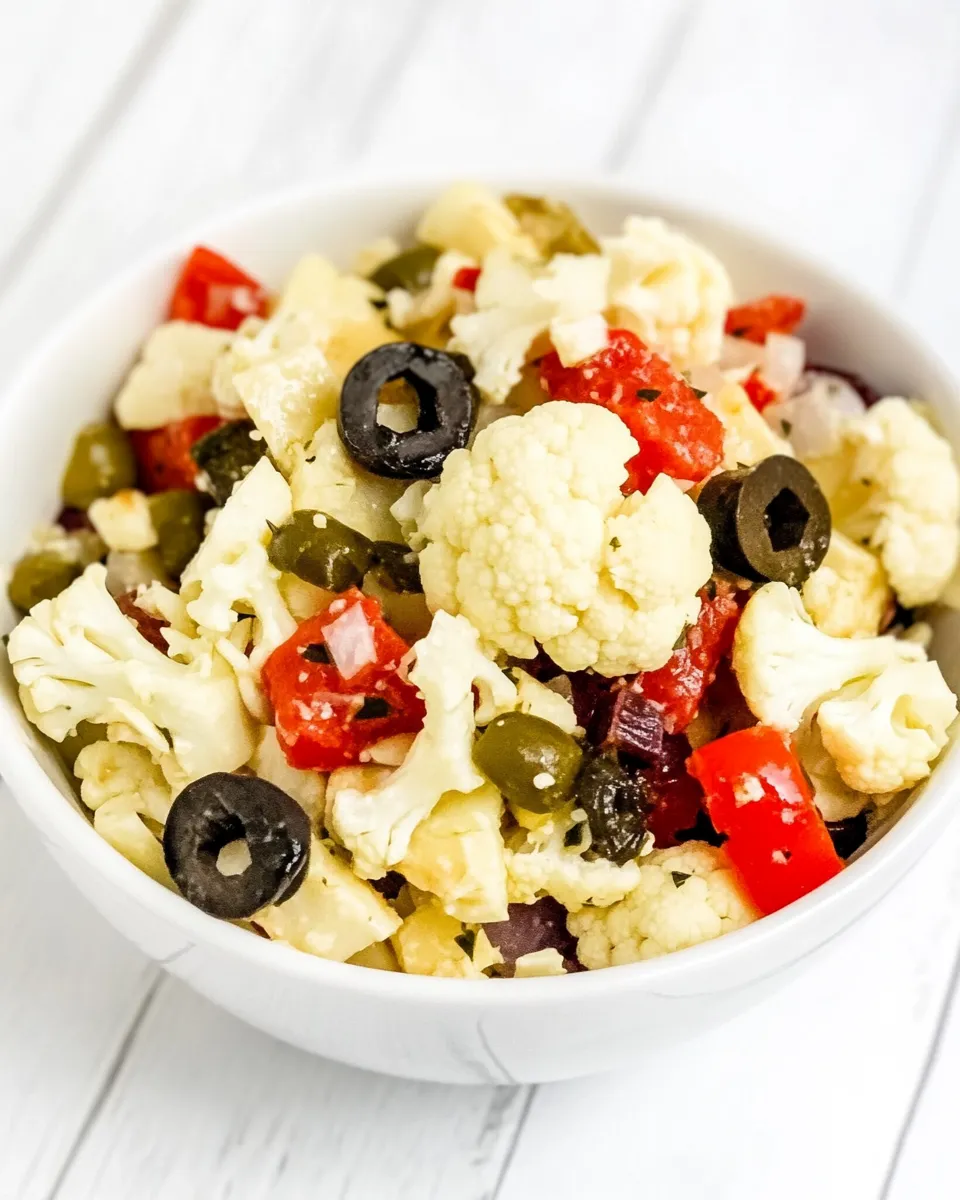 Delicious Marinated Cauliflower Antipasto Salad shot