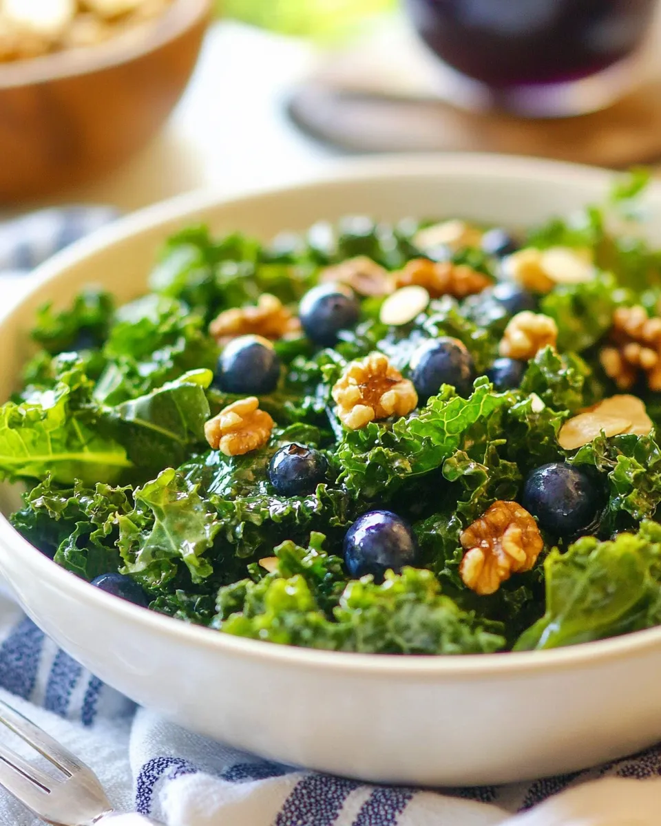 Delicious Massaged Kale Salad with Rosemary Walnuts and Blueberry Vinaigrette image