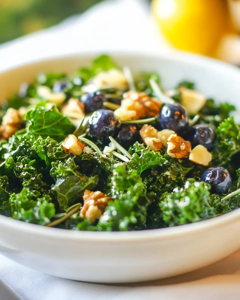 Healthy Massaged Kale Salad with Rosemary Walnuts and Blueberry Vinaigrette recipe photo