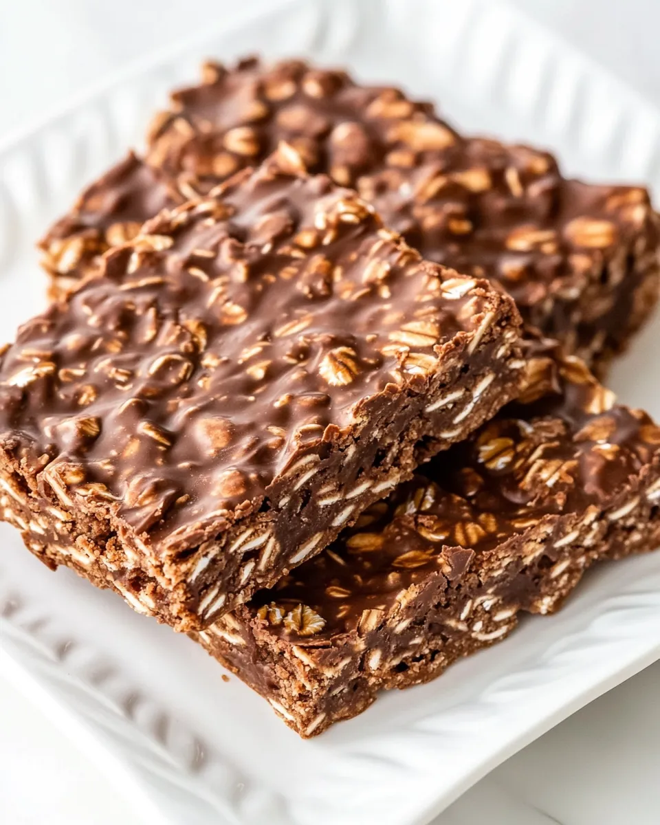 Quick No Bake Chocolate Oatmeal Cookie Bars food shot