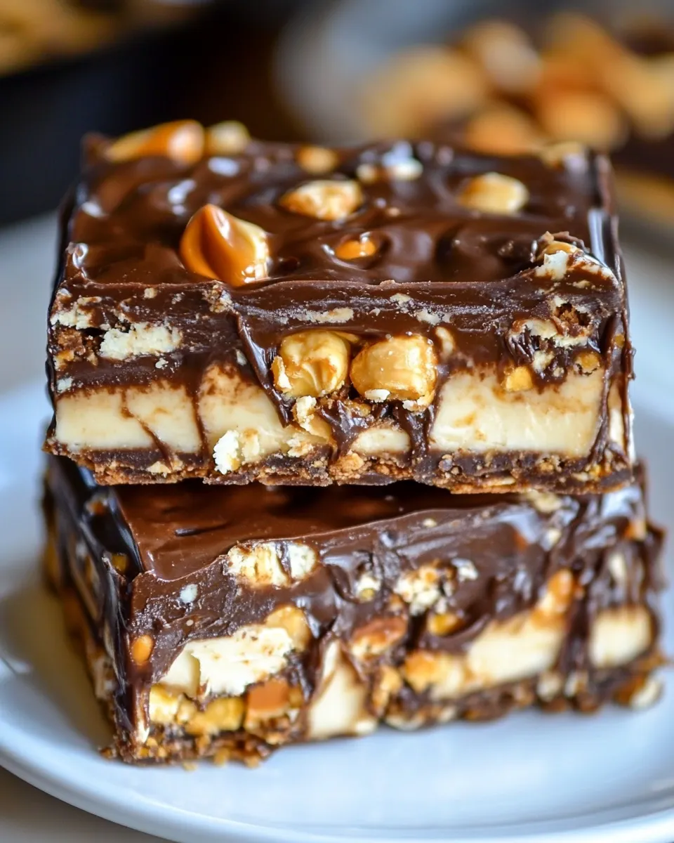 Homemade No Bake Crispy Snickers Bars photo
