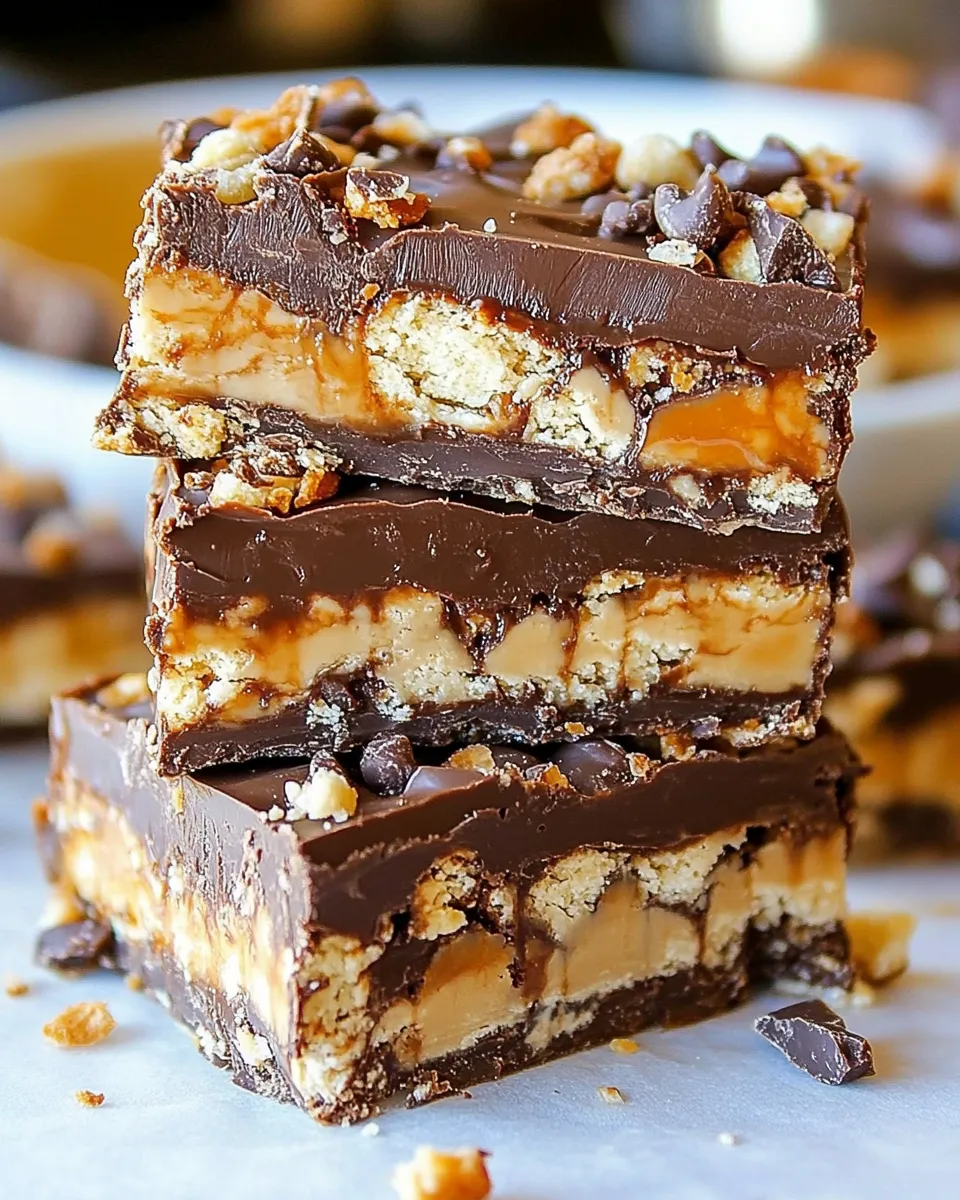 Delicious No Bake Crispy Snickers Bars shot