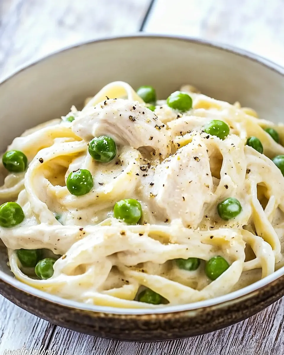 Quick One Pot Chicken and Peas Fettuccine Alfredo dish photo