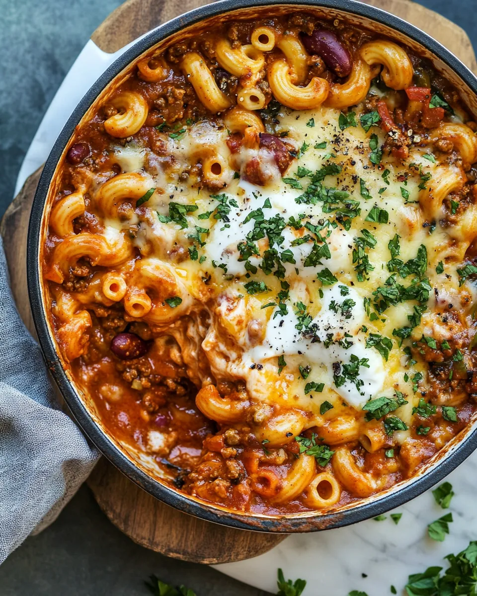Tasty One Pot Chili Mac and Cheese. shot