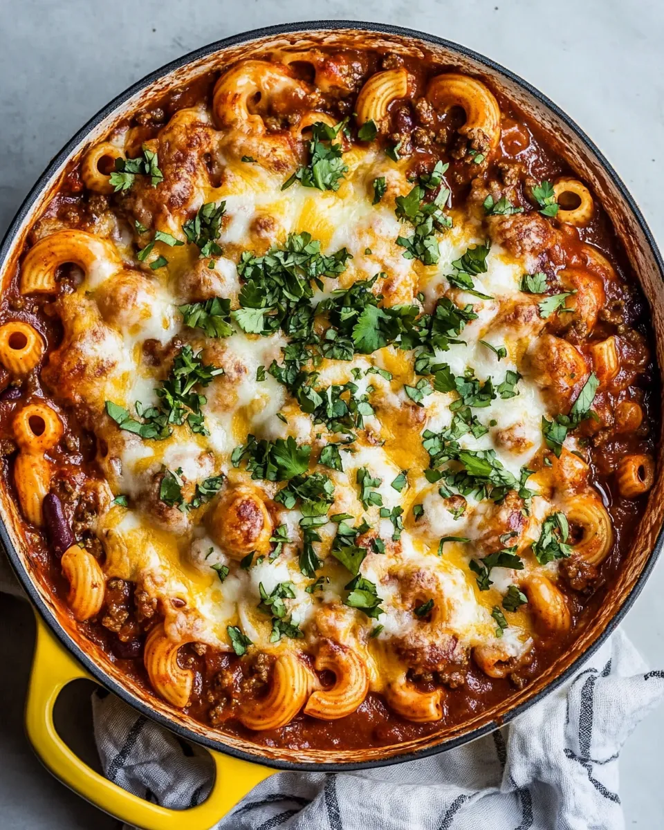 Homemade One Pot Chili Mac and Cheese. shot