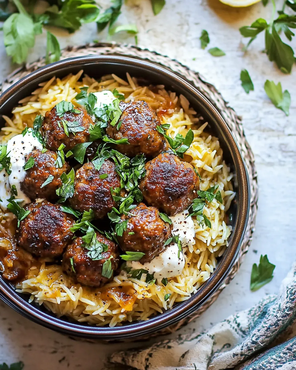 Perfect One Skillet Greek Meatballs and Lemon Butter Orzo. photo