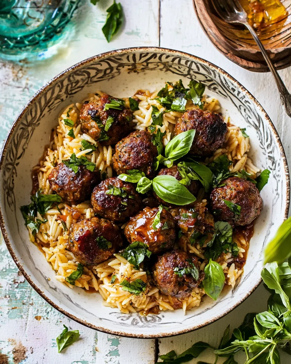 Delicious One Skillet Greek Meatballs and Lemon Butter Orzo. picture