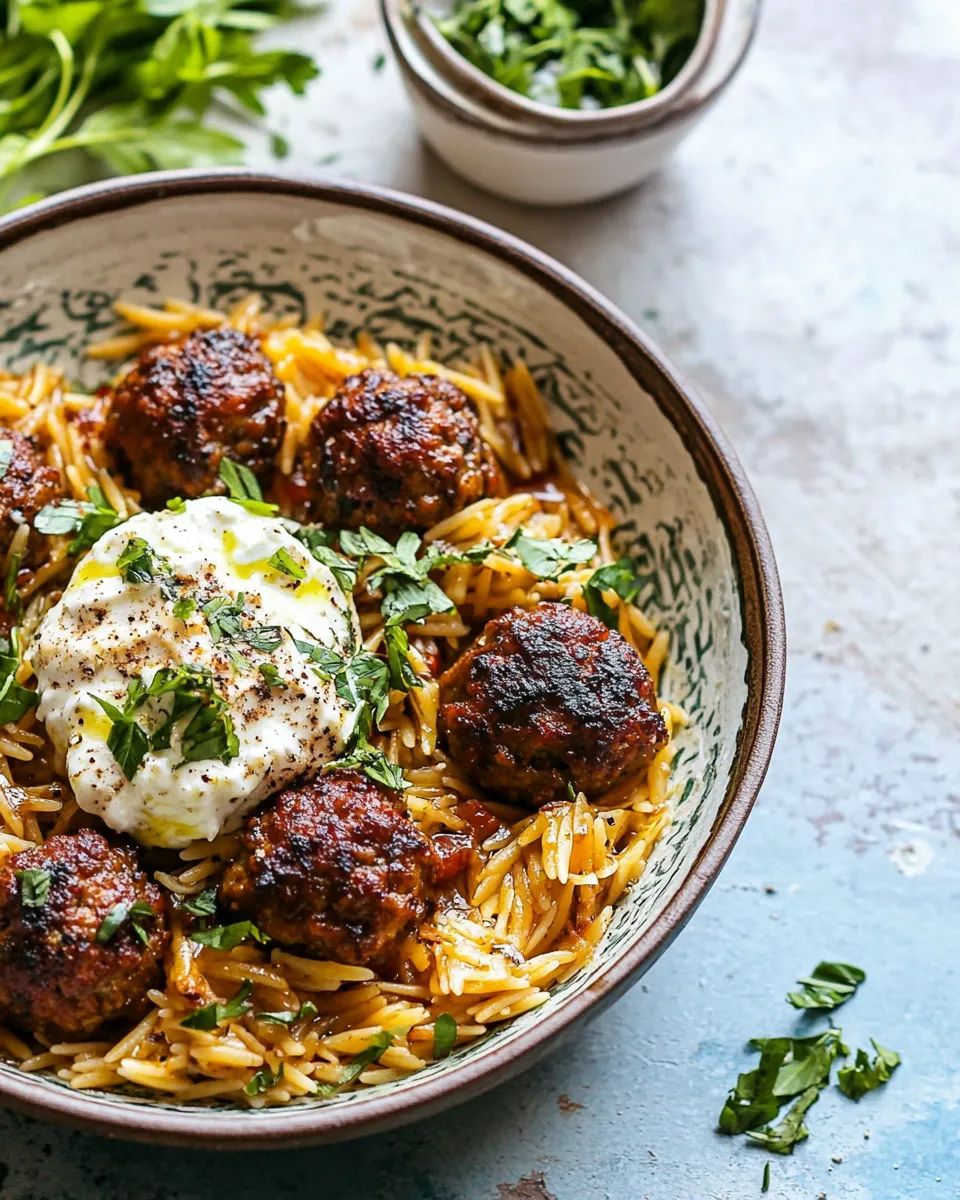 Quick One Skillet Greek Meatballs and Lemon Butter Orzo. dish image