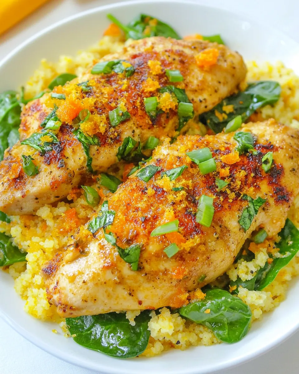Homemade Orange Scallion Chicken with Spinach and Couscous photo