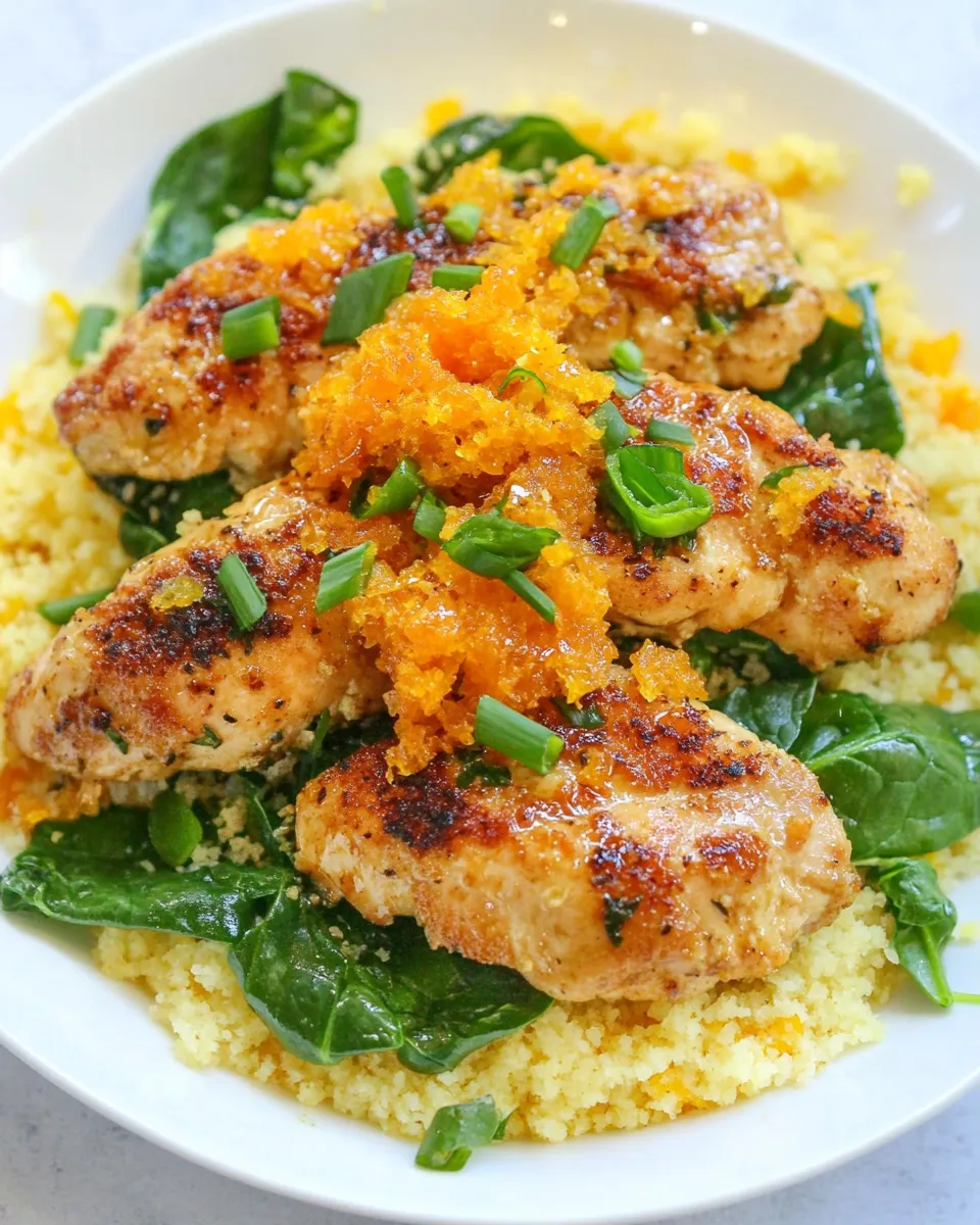 Savory Orange Scallion Chicken with Spinach and Couscous recipe photo