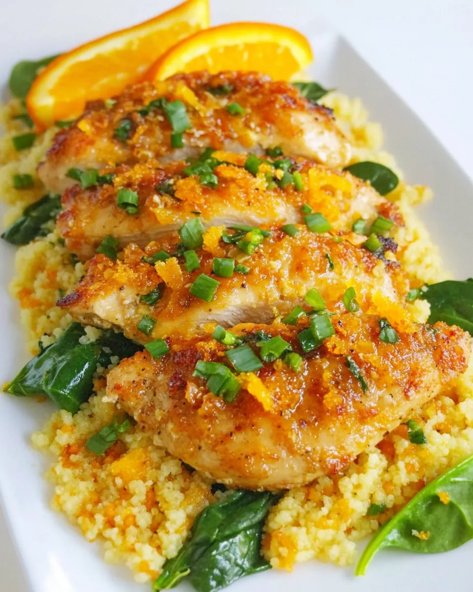 Easy Orange Scallion Chicken with Spinach and Couscous shot