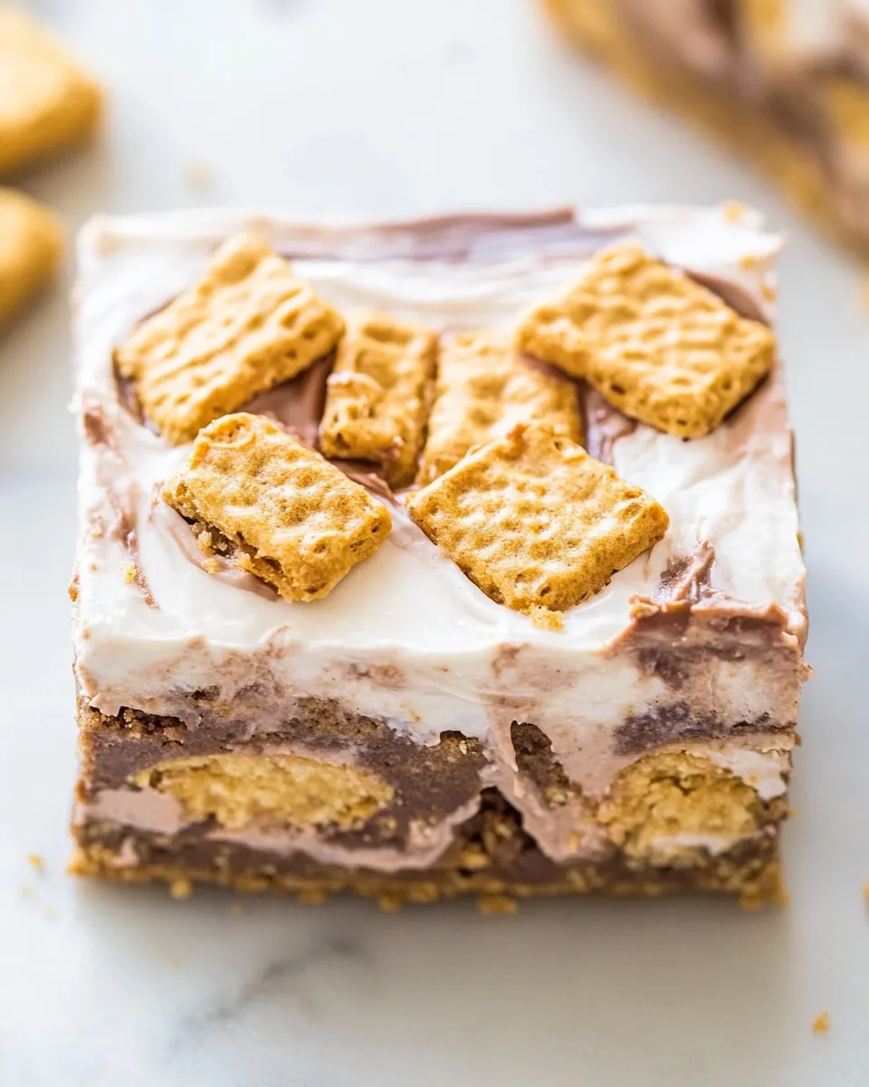 Delicious Peanut Butter Cup Golden Grahams Smores Bars. recipe image