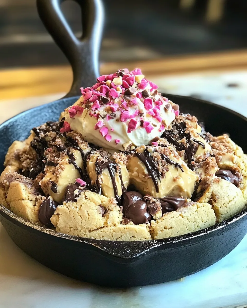 Perfect Peanut Butter Skillet Cookie Sundae. food shot