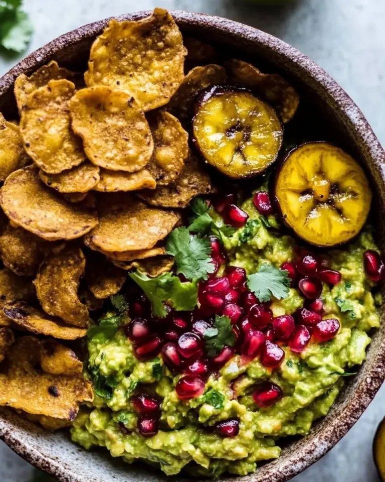 Tasty Pomegranate Guacamole with Fried Plantain Chips. picture