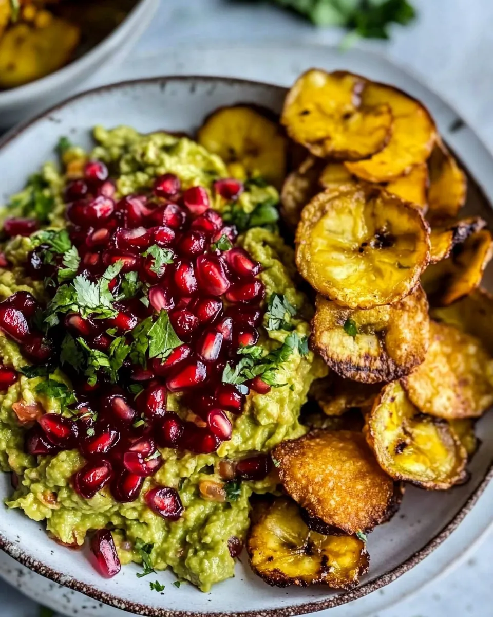 Tasty Pomegranate Guacamole with Fried Plantain Chips. image