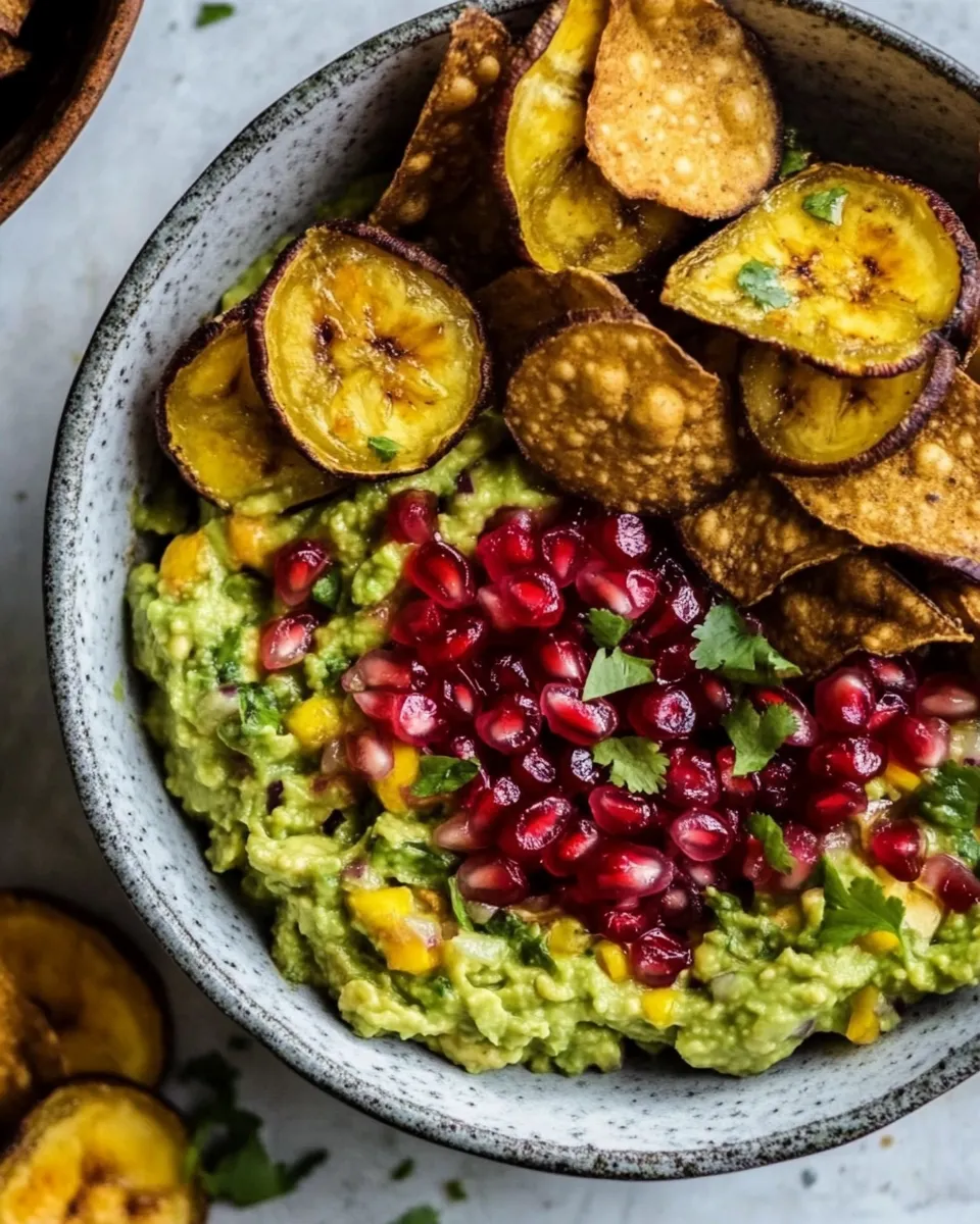 Simple Pomegranate Guacamole with Fried Plantain Chips. recipe image