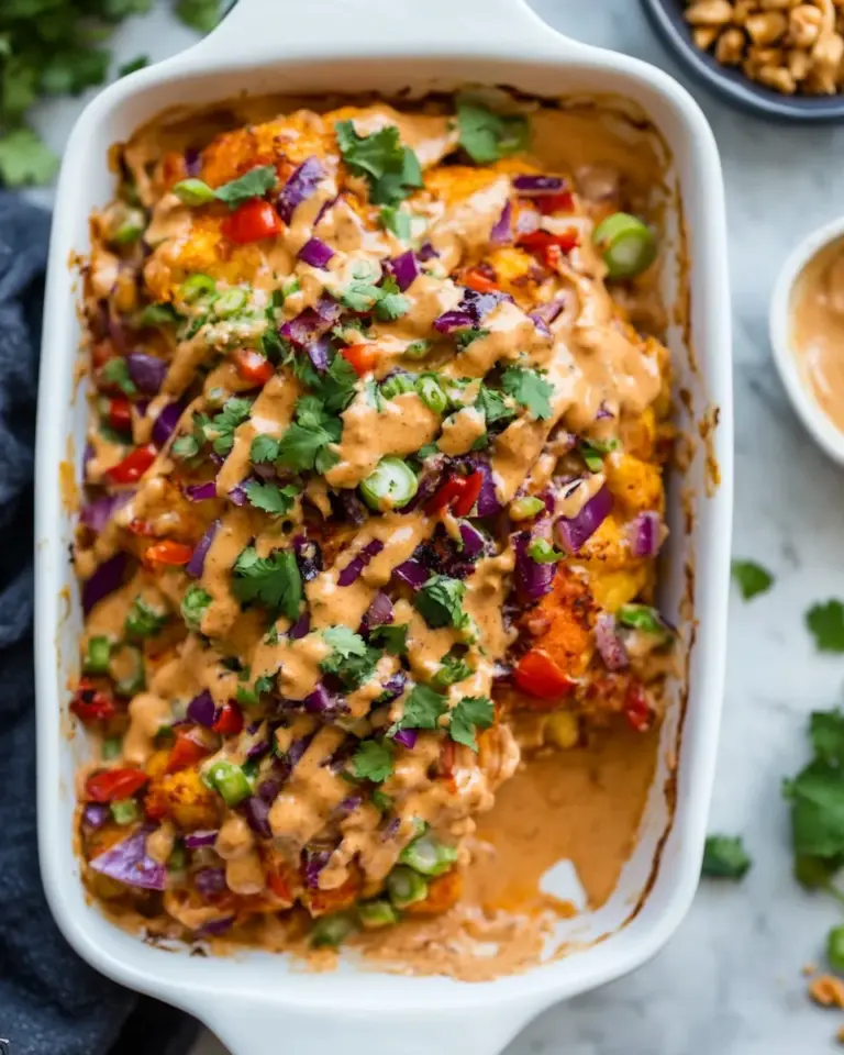 Homemade Rainbow Cauliflower Casserole With Thai Peanut Chicken photo