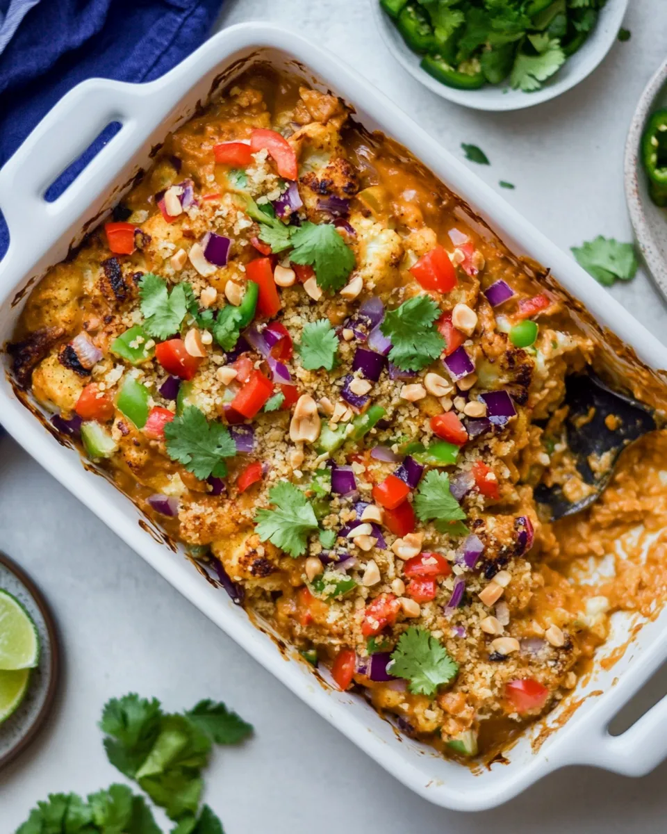 Savory Rainbow Cauliflower Casserole With Thai Peanut Chicken shot
