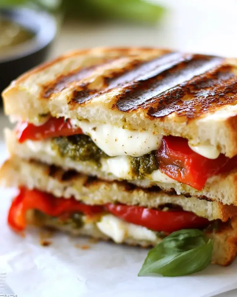 Homemade Roasted Red Pepper and Pesto Panini Sandwich photo