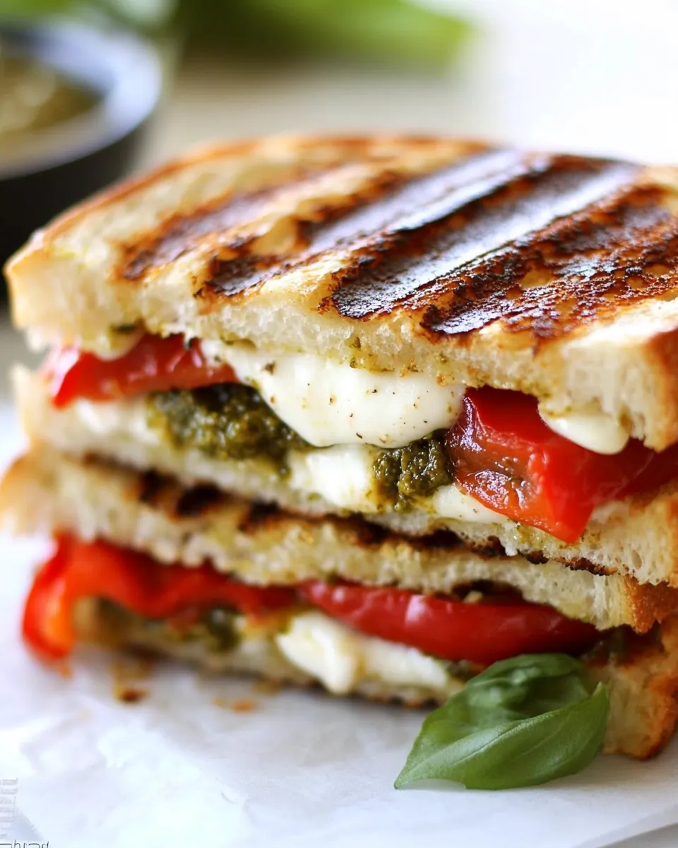 Homemade Roasted Red Pepper and Pesto Panini Sandwich photo