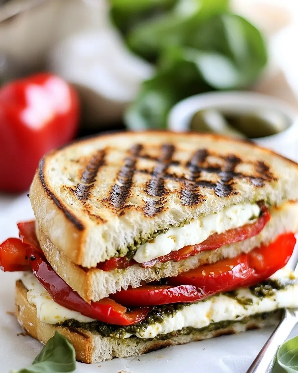 Delicious Roasted Red Pepper and Pesto Panini Sandwich shot