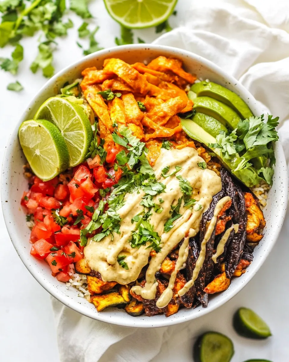 Healthy Roasted Veggie Burrito Bowls with Vegan Queso recipe photo