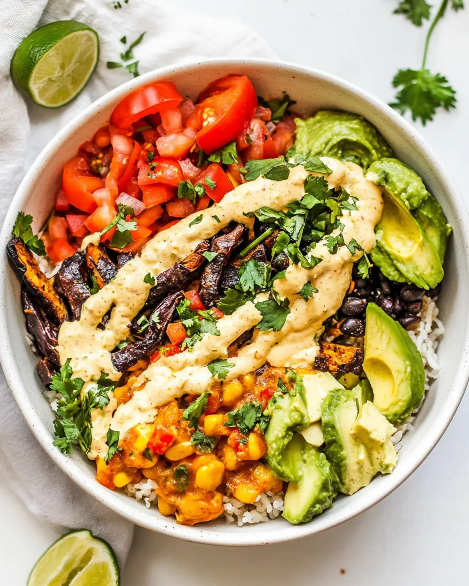 Quick Roasted Veggie Burrito Bowls with Vegan Queso shot