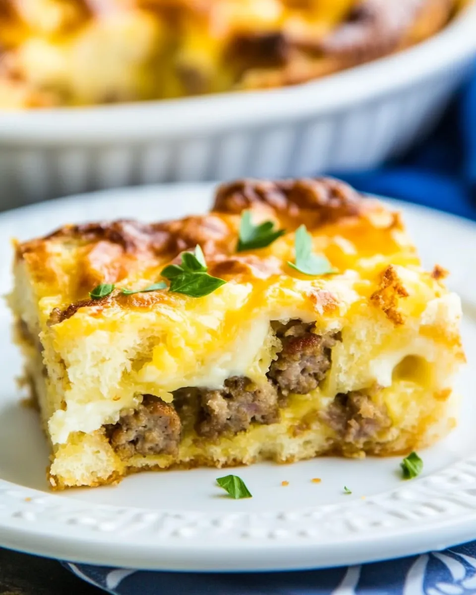 Delicious Sausage and Cheese English Muffin Casserole food shot