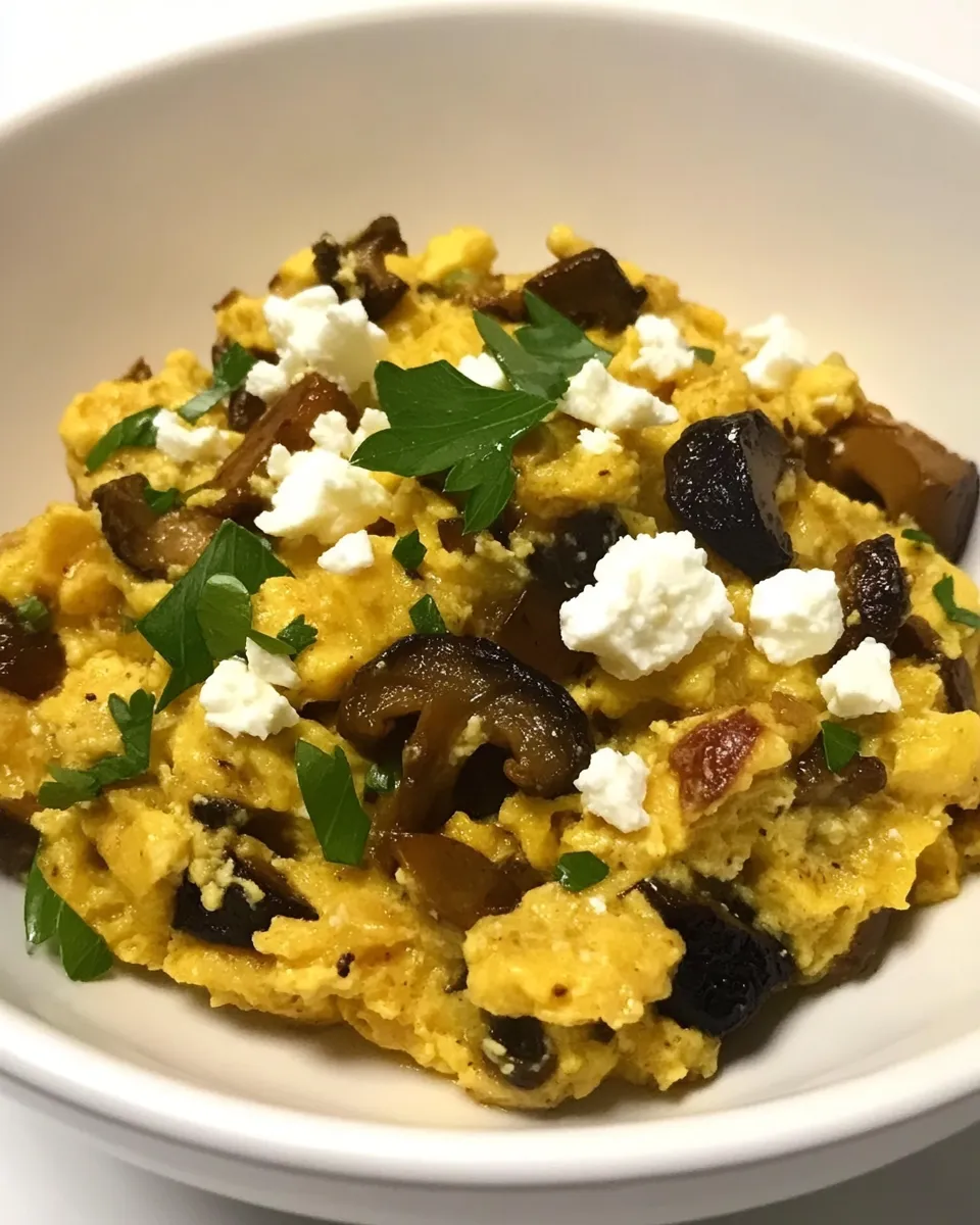 Homemade Scrambled Eggs with Mushrooms and Feta photo