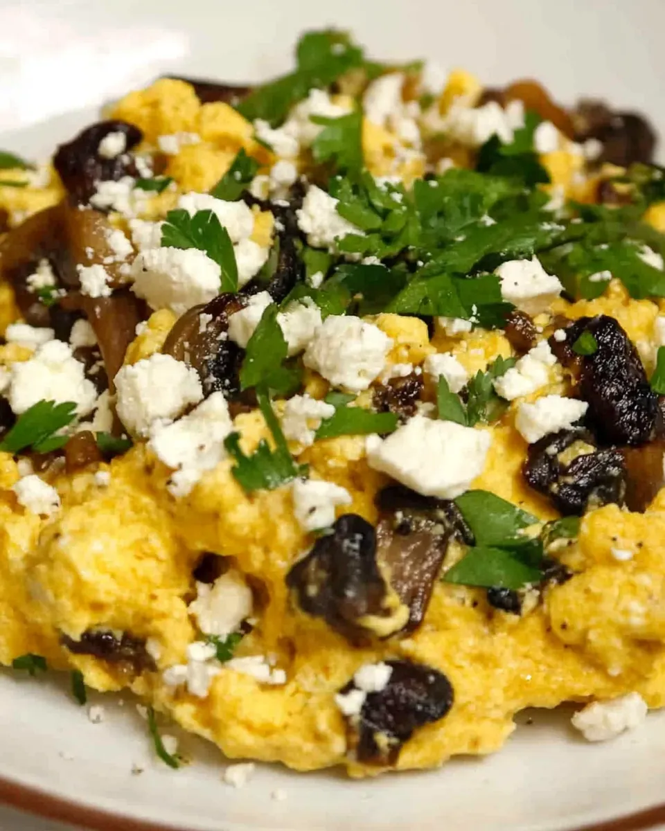 Delicious Scrambled Eggs with Mushrooms and Feta recipe image