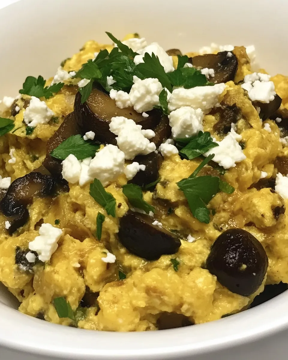 Healthy Scrambled Eggs with Mushrooms and Feta food shot
