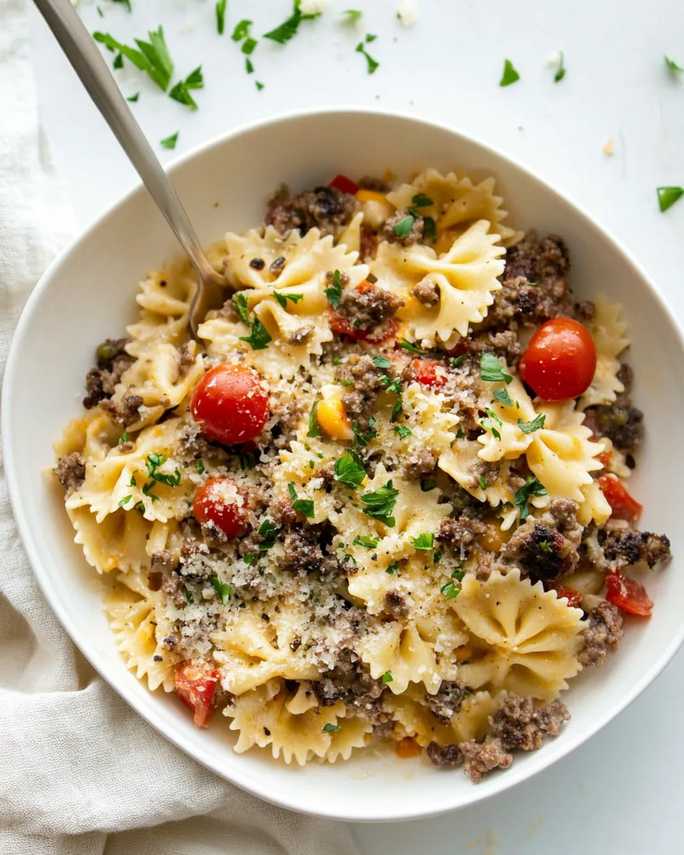 Amazing Sheet Pan Cheeseburger Pasta. food shot