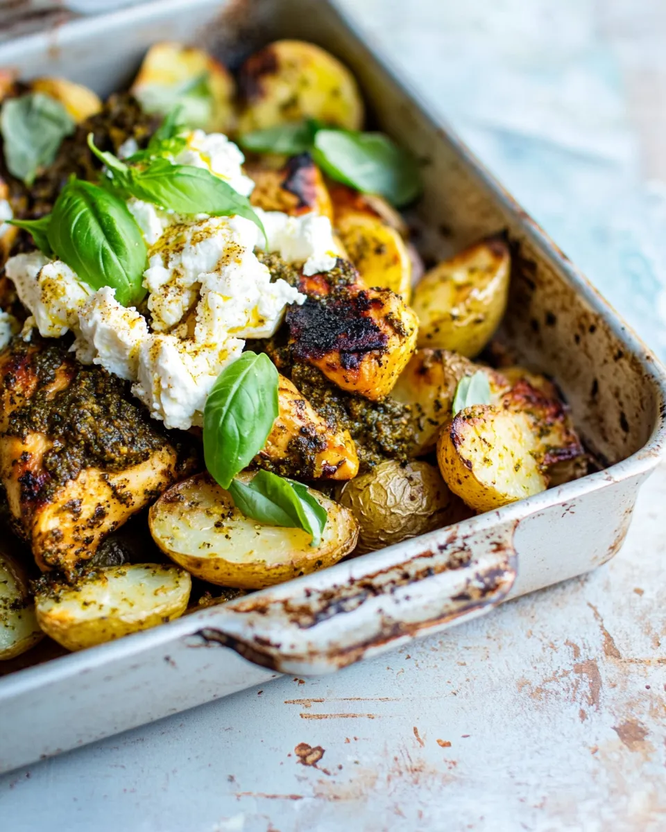 Easy Sheet Pan Pesto Chicken and Lemon Butter Potatoes with Whipped Feta. photo