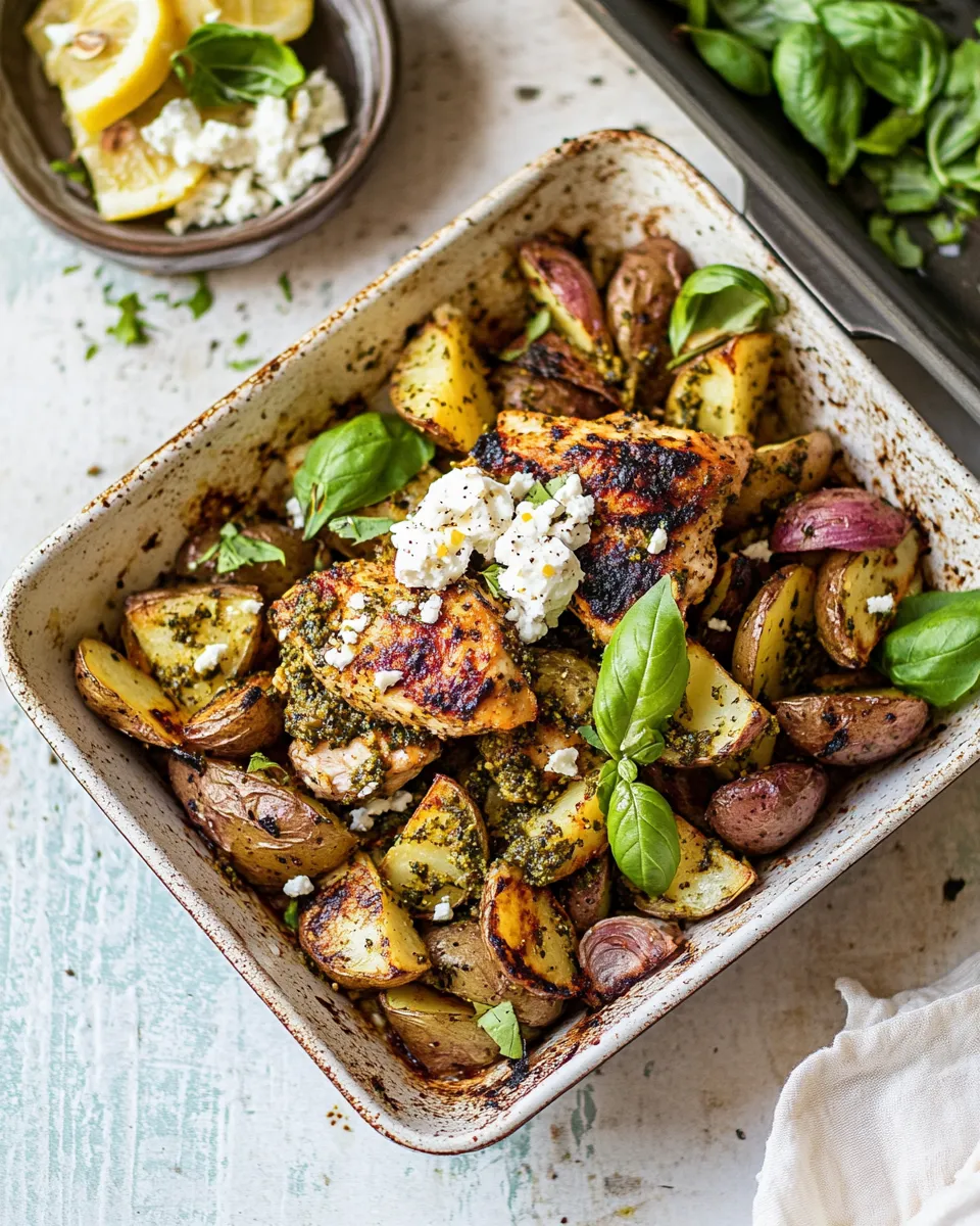 Delicious Sheet Pan Pesto Chicken and Lemon Butter Potatoes with Whipped Feta. image