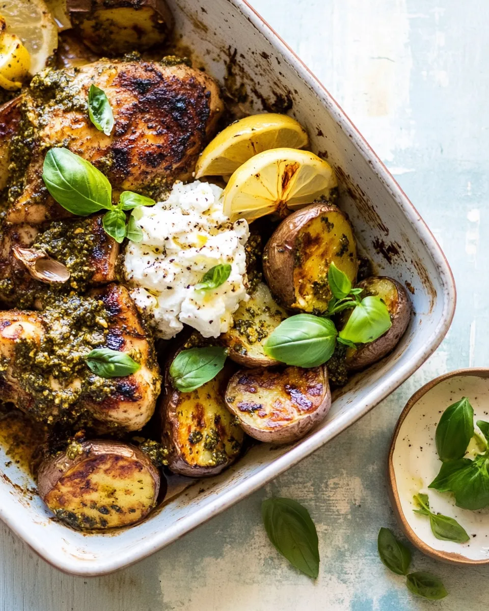Healthy Sheet Pan Pesto Chicken and Lemon Butter Potatoes with Whipped Feta. recipe photo
