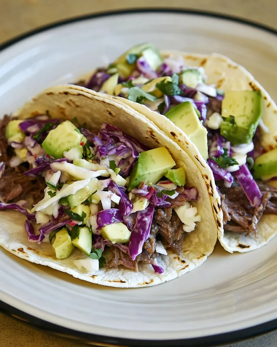 Homemade Shredded Beef Tacos with Spicy Slaw and Avocado photo