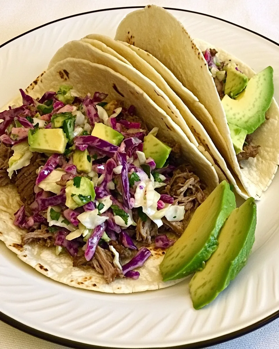 Easy Shredded Beef Tacos with Spicy Slaw and Avocado recipe photo