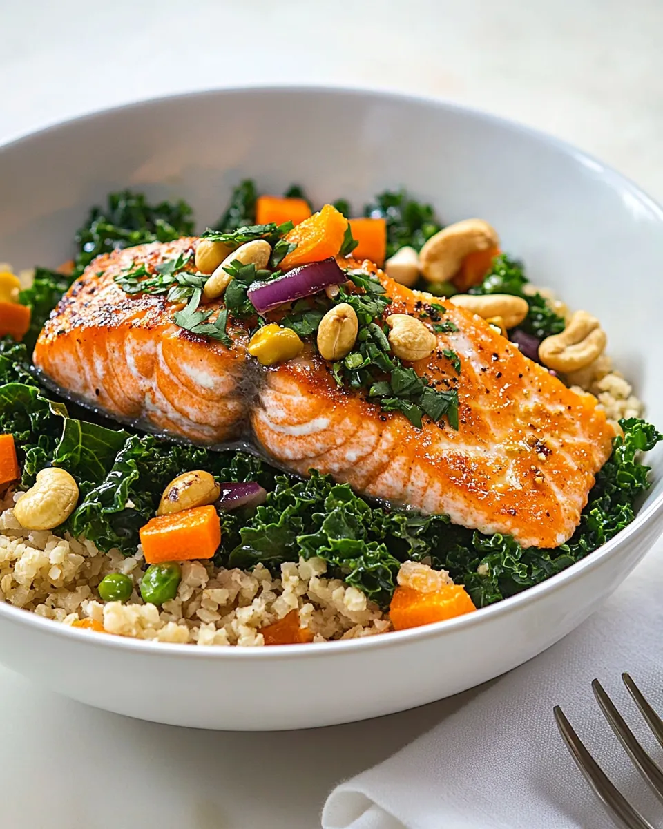 Easy Skinny Salmon, Kale, & Cashew Bowl photo