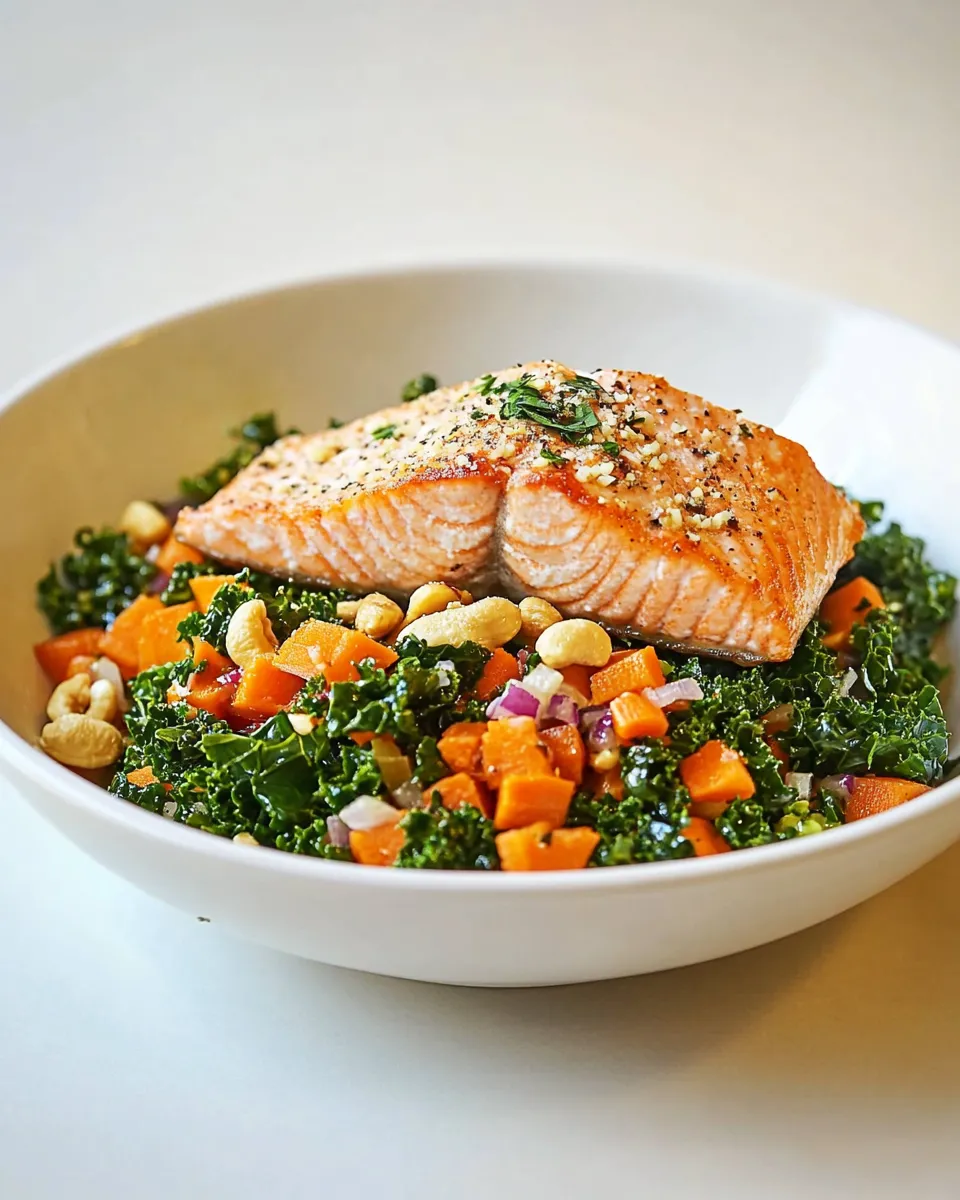 Delicious Skinny Salmon, Kale, & Cashew Bowl shot