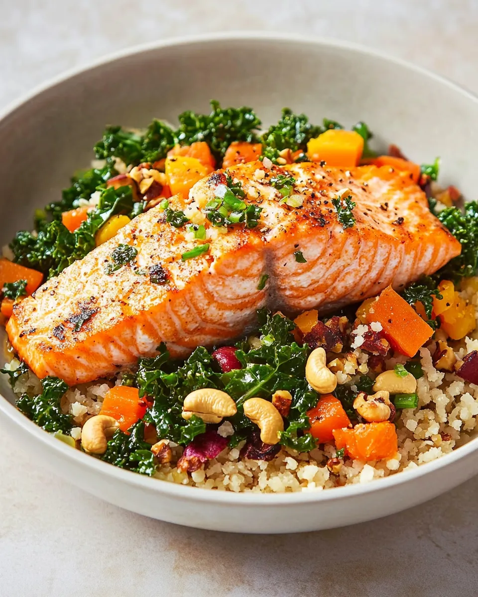 Quick Skinny Salmon, Kale, & Cashew Bowl recipe image