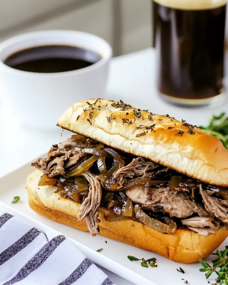 Homemade Slow Cooker French Dip Sandwich with Caramelized Onions photo