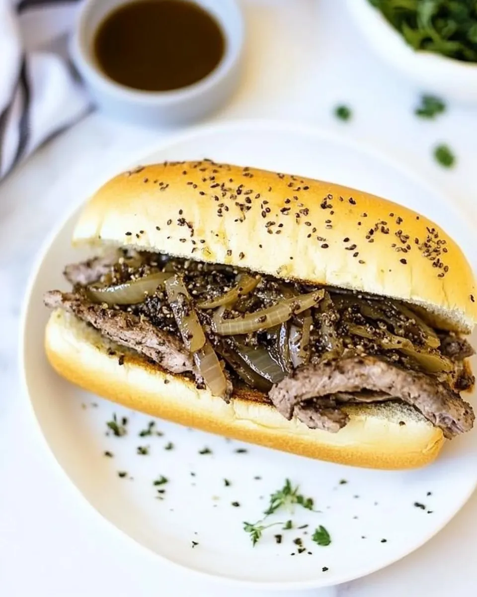 Easy Slow Cooker French Dip Sandwich with Caramelized Onions recipe photo