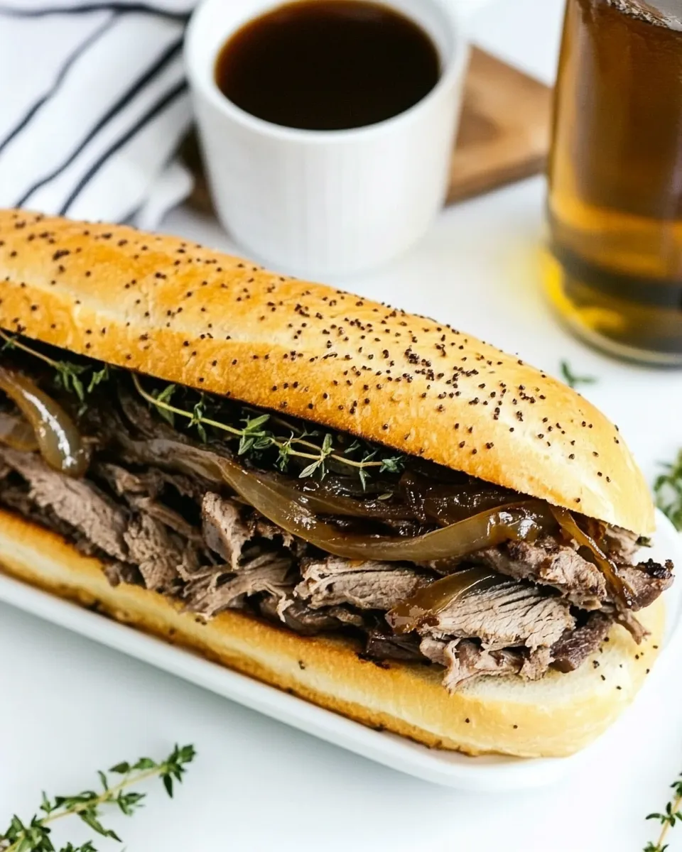 Delicious Slow Cooker French Dip Sandwich with Caramelized Onions shot