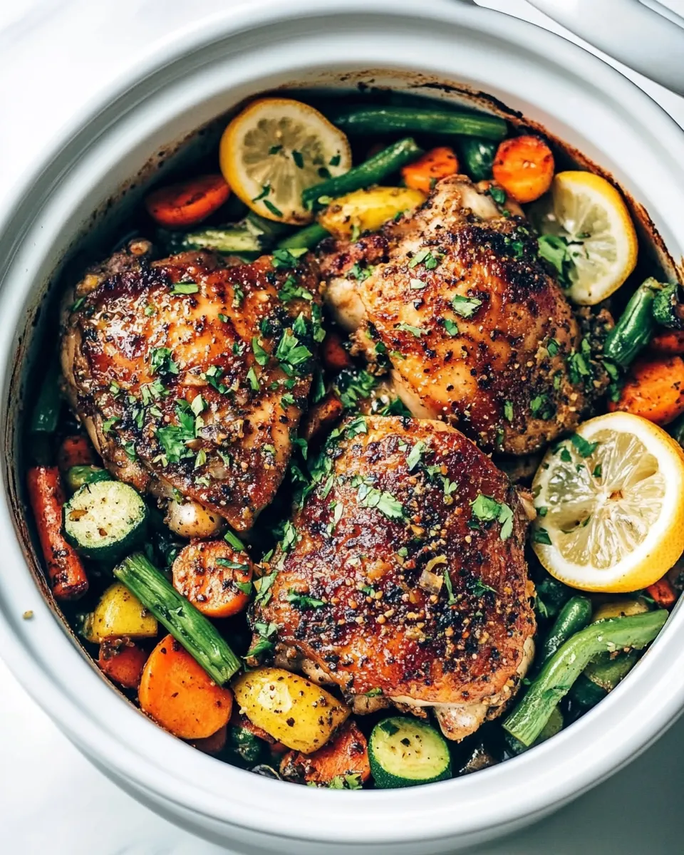 Easy Slow Cooker Lemon Garlic Chicken Thighs and Veggies photo