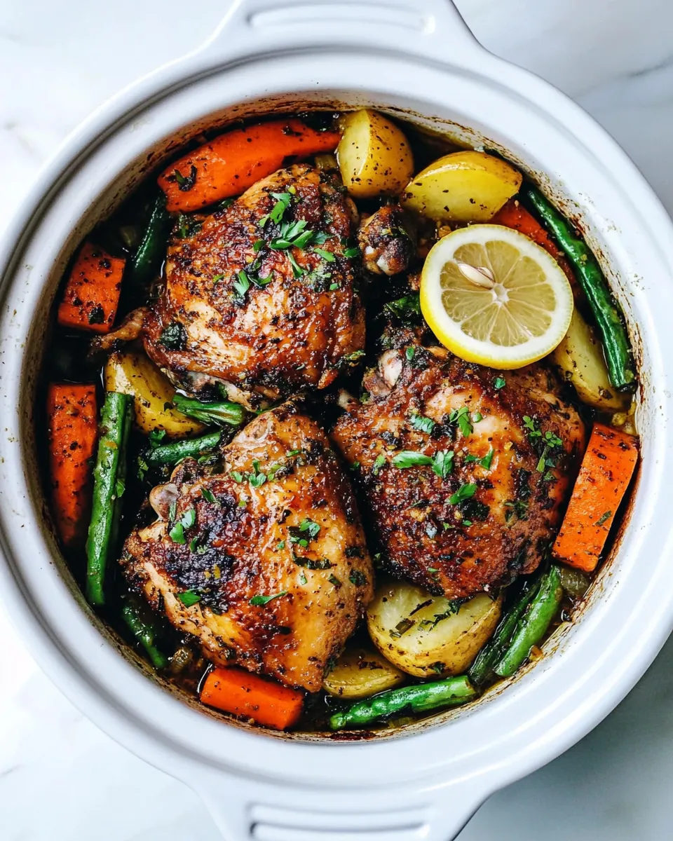 Healthy Slow Cooker Lemon Garlic Chicken Thighs and Veggies dish photo