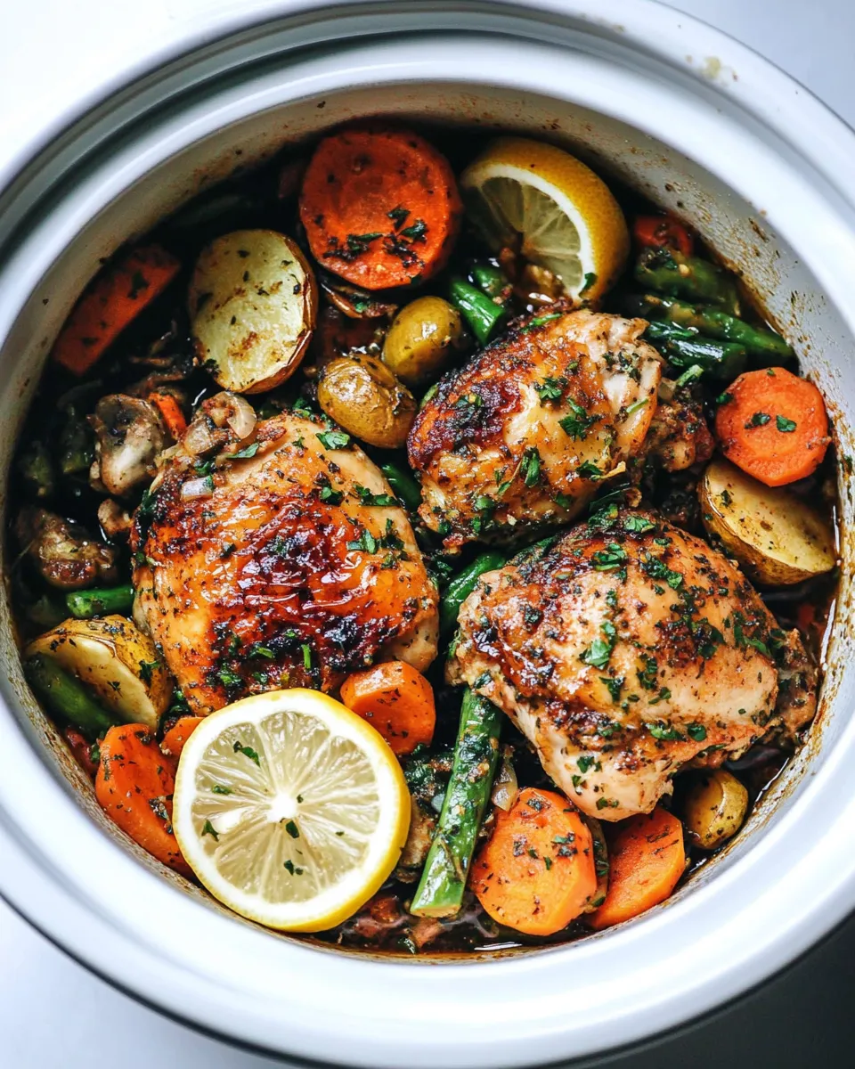 Tasty Slow Cooker Lemon Garlic Chicken Thighs and Veggies food shot