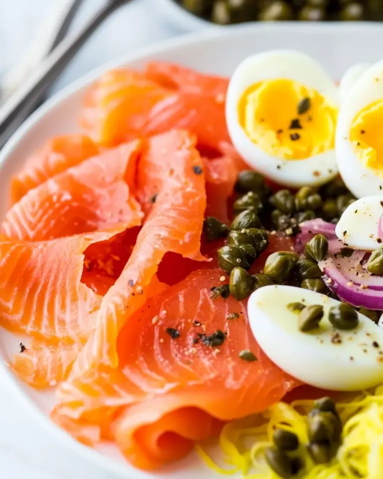 Homemade Smoked Salmon with Capers and Hard Boiled Egg photo