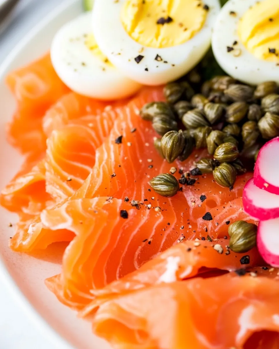 Delicious Smoked Salmon with Capers and Hard Boiled Egg shot