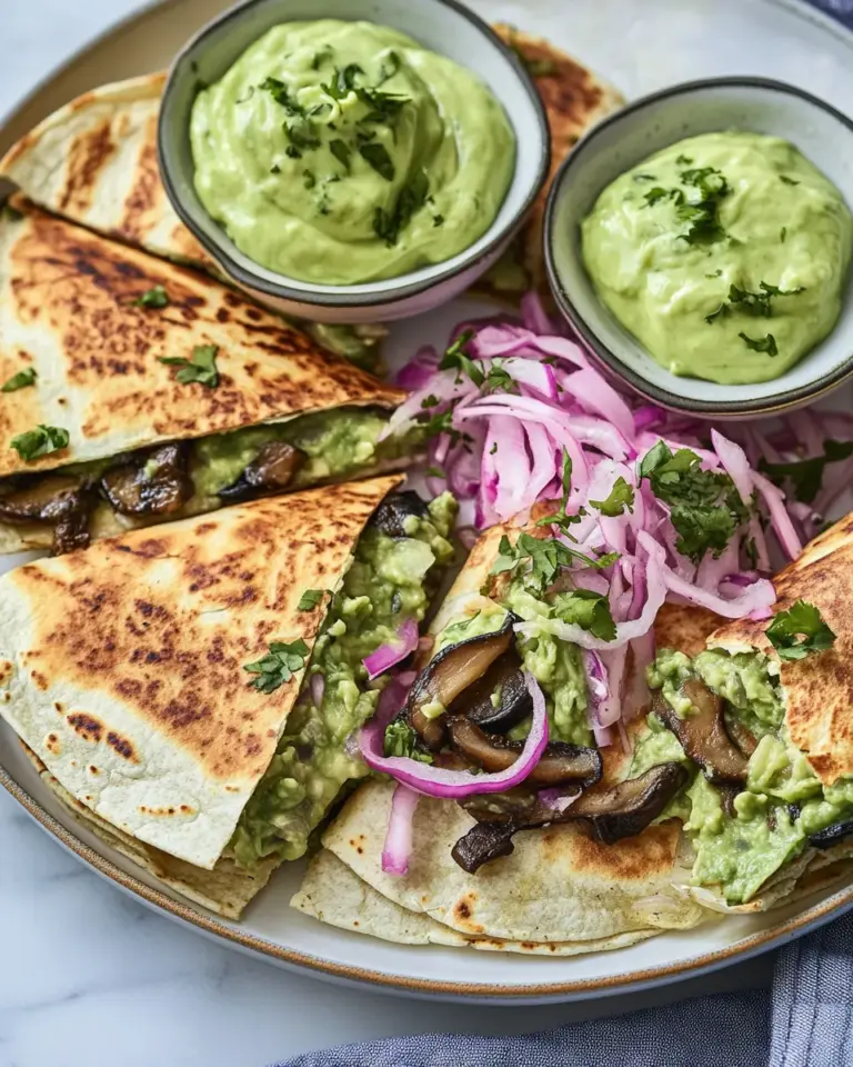 Sweet Smoky Shiitake Quesadillas with Avocado Cream. recipe photo